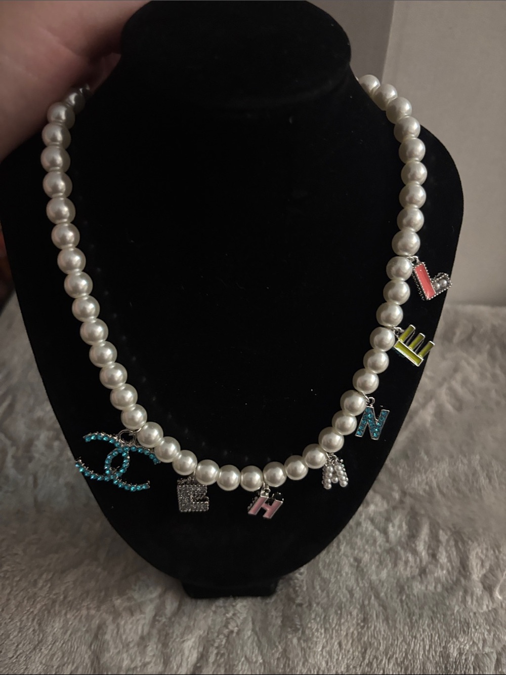 Brand new White Pearl Letter Charm Necklace with Multicolor Accents - Picture 4 of 5